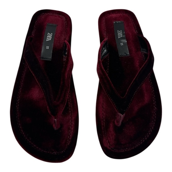 Zara  Velvet Flip Flops Burgundy size 35 US 5 - Picture 7 of 9